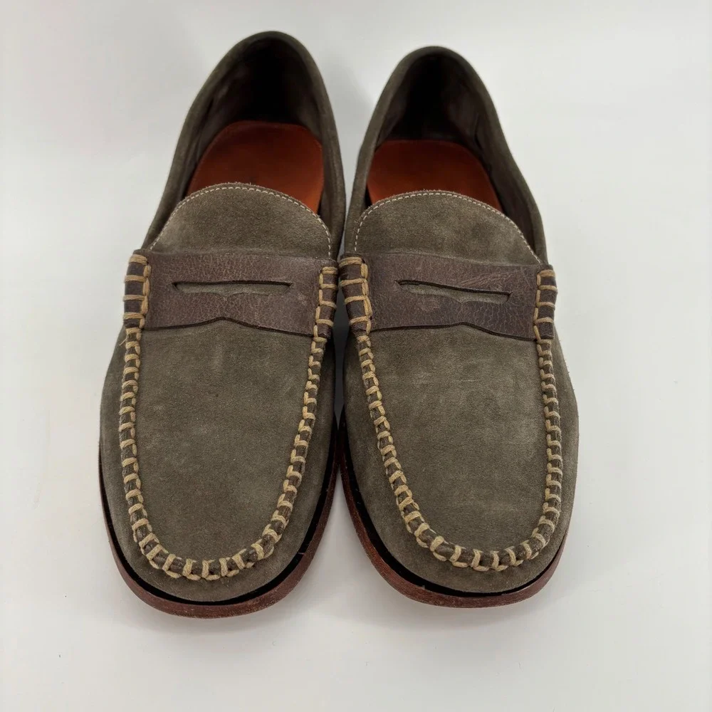 Martin Dingman Mens Penny Loafers 9M Olive Green Suede Leather Handcrafted